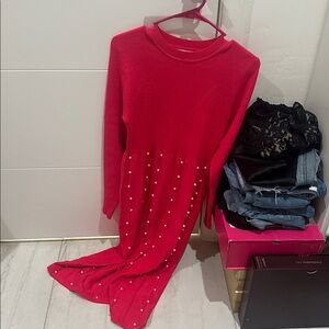 Cato Red High Low Dress with Pearl Accents